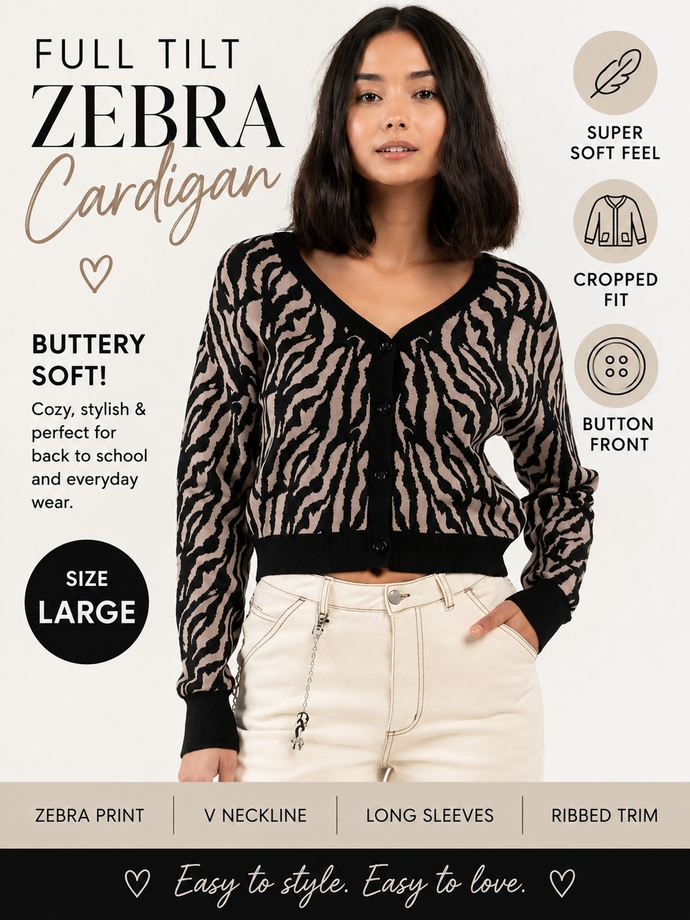 Full Tilt Zebra Cardigan Large | Cropped Soft Sweater